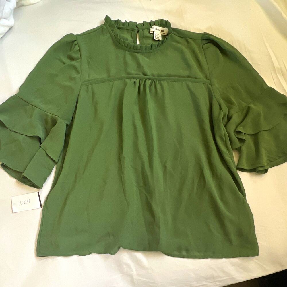 Monteau Women’s Green Solid High Neck Ruffle Sleeve Button Blouse Size M